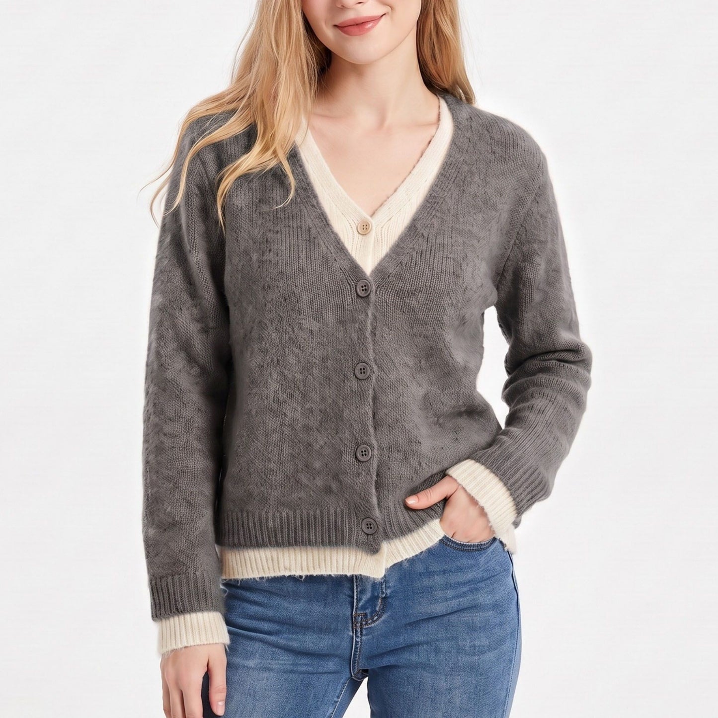 Contrast Trim Layered V Neck Button Front Cardigan