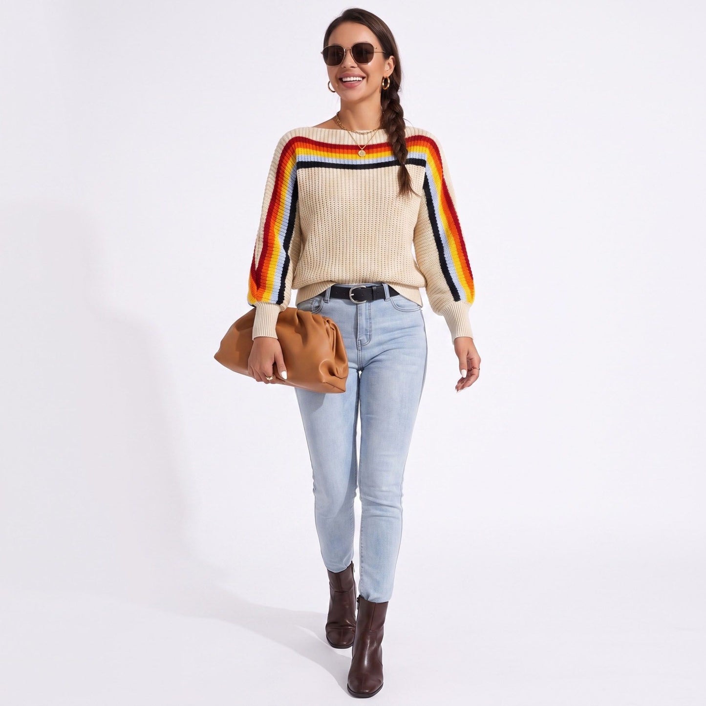 Rainbow Stripe One Shoulder Balloon Sleeve Knit Sweater