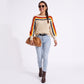 Rainbow Stripe One Shoulder Balloon Sleeve Knit Sweater
