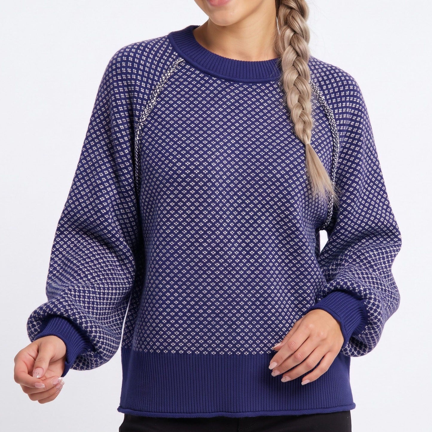 Patterned Crewneck Knit Sweater with Chain Accent