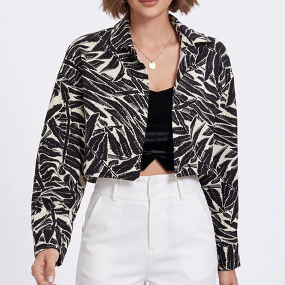 Tropical Leaf Print Cropped Jacket Long Sleeve Open Front Collared Blazer