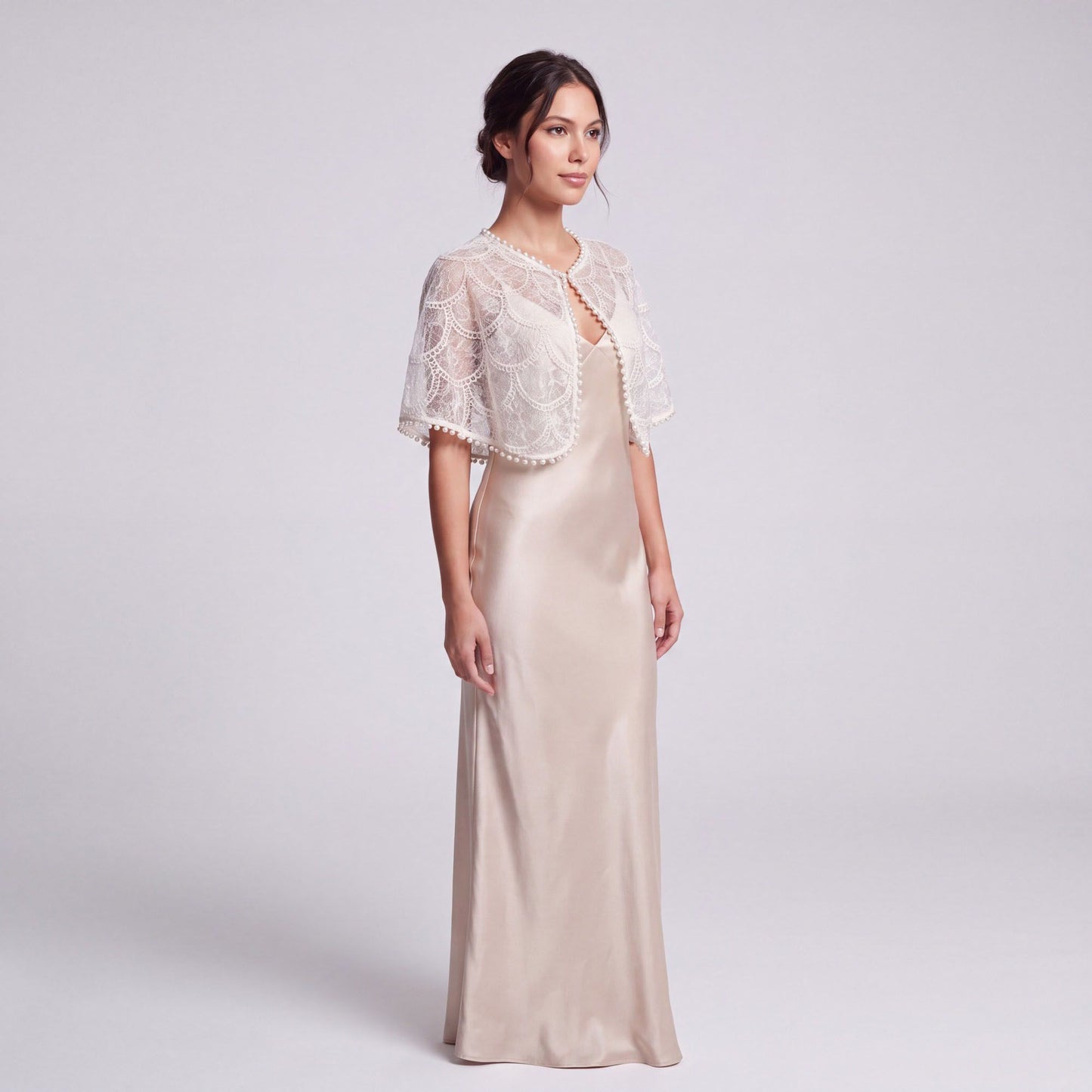 Sheer Floral Lace Pearl Trim Capelet Shrug with Open Front, Scalloped Pattern and Draped Short Sleeves 17.7*9.8In