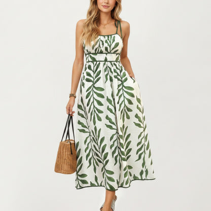 Sleeveless Midi Dress with Leaf Print Tie Shoulder Straps Smocked Back Flowy A-Line Silhouette