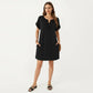 Short Sleeve Shift Dress with Split V Neck Embroidered Detail Relaxed Fit Casual Tunic Dress