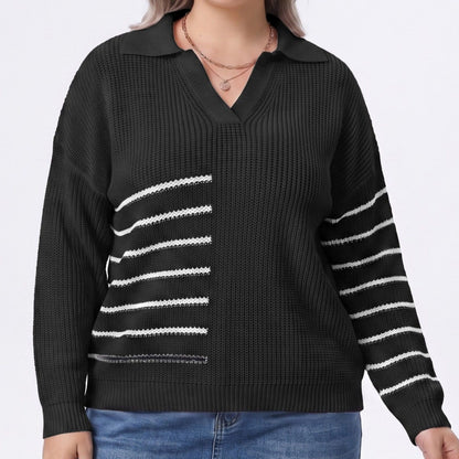 Plus Size Striped Johnny Collar Knit Sweater