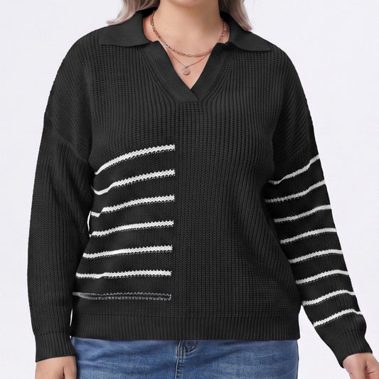 Plus Size Striped Johnny Collar Knit Sweater