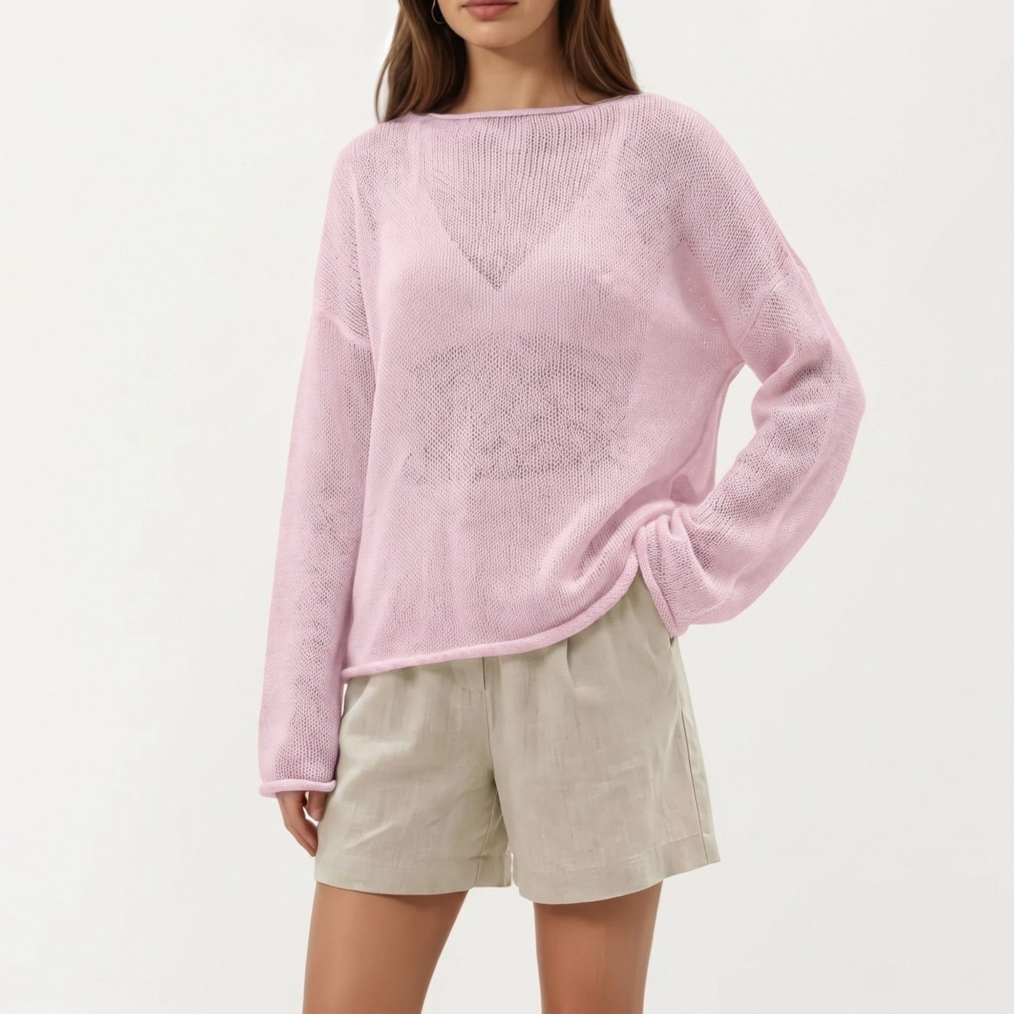 Women's Lightweight Open Knit Long Sleeve Sweater Top with Relaxed Fit and Subtle Sheer Texture
