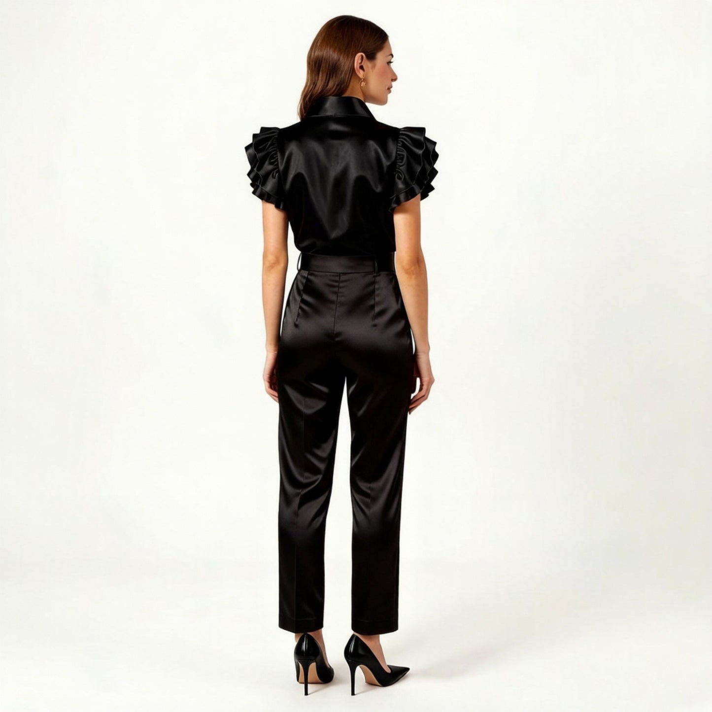 Satin Button Down Blouse with Ruffle Sleeves and Collared Neckline