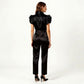 Satin Button Down Blouse with Ruffle Sleeves and Collared Neckline
