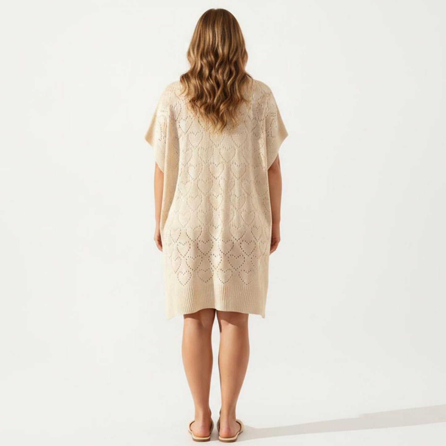 Open Front Knit Cardigan with Heart Pointelle Pattern Short Sleeves Relaxed Mid Length Fit