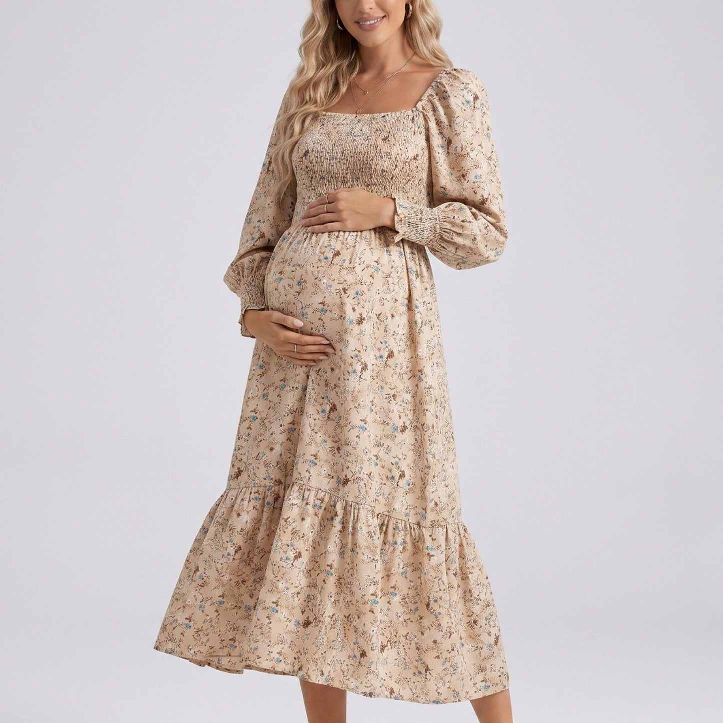 Maternity Floral Square Neck Midi Dress with Long Sleeves and Smocked Bodice