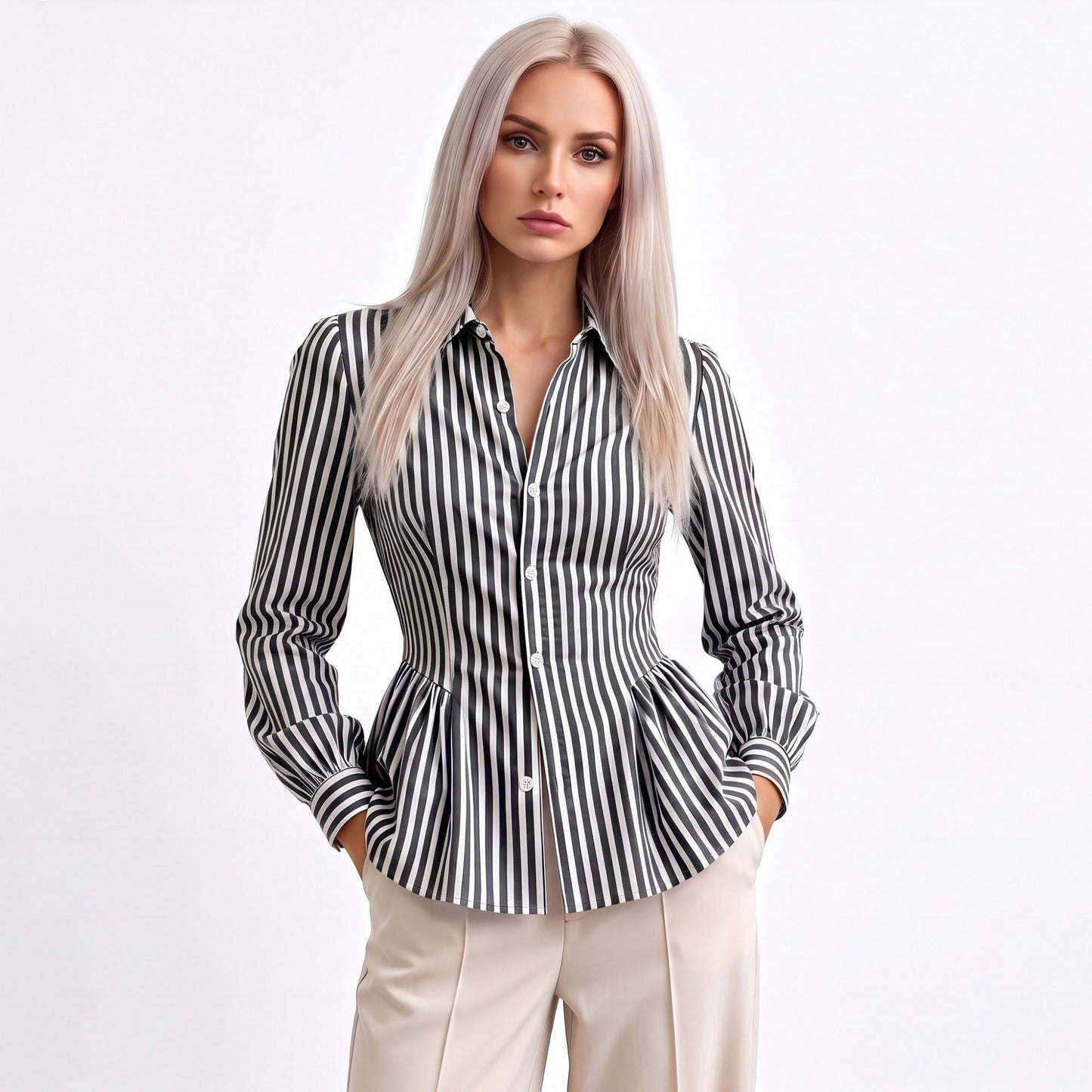 Striped Long Sleeve Button Down Peplum Shirt with Collared Neckline