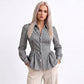 Striped Long Sleeve Button Down Peplum Shirt with Collared Neckline