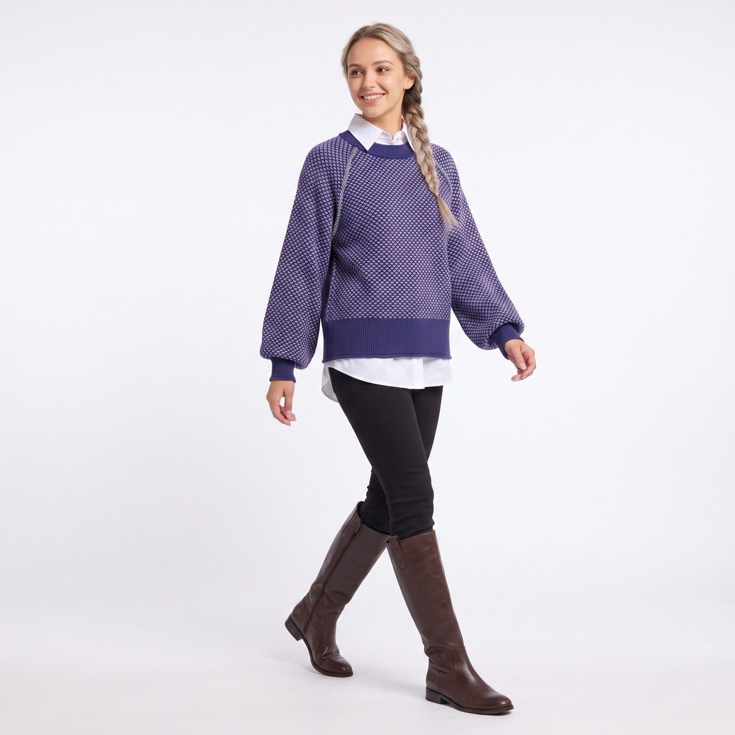 Patterned Crewneck Knit Sweater with Chain Accent