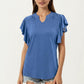Short Sleeve Top with Flutter Ruffle Sleeves and Split V Neck Relaxed Fit Casual Shirt