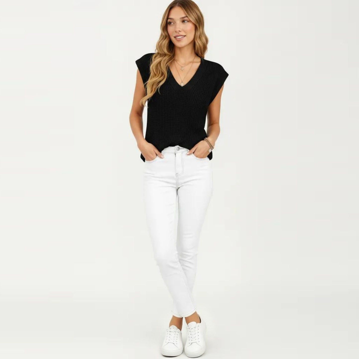 Sleeveless Knit Sweater Vest with V Neck Ribbed Trim Relaxed Fit Textured Pullover Top