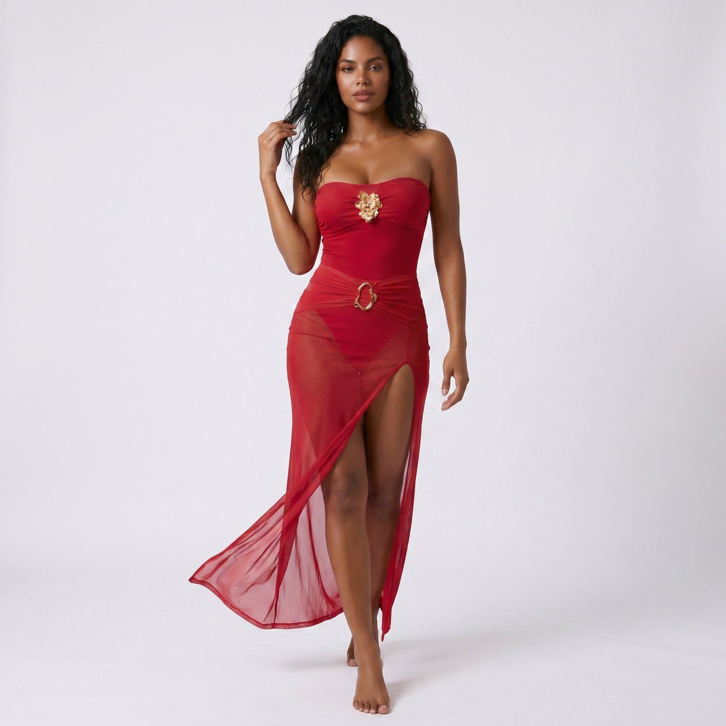 2-Piece Strapless One Piece Swimsuit with Sheer Wrap Skirt