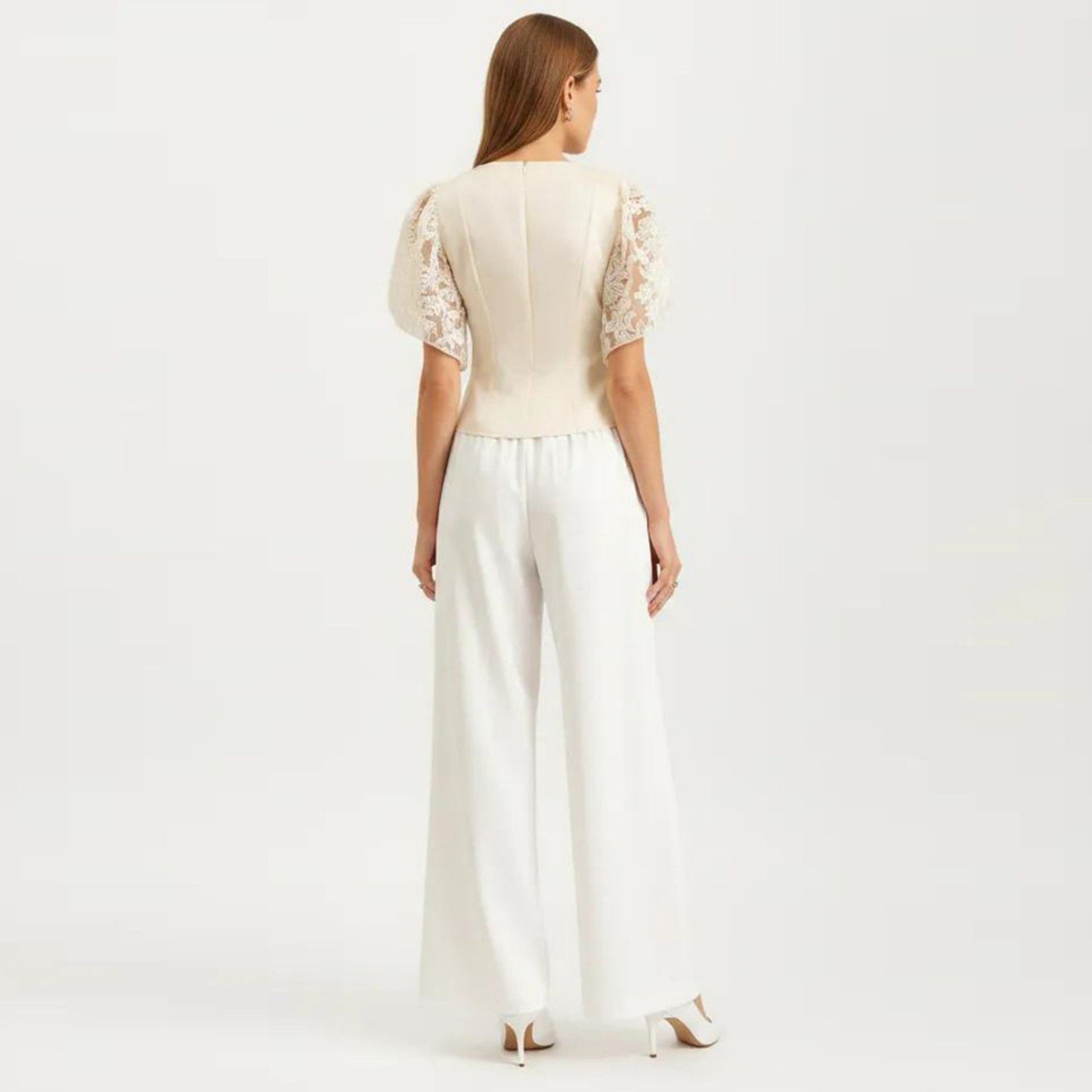 Short Sleeve Blouse with Floral Lace Cape Overlay and Embroidered Neckline