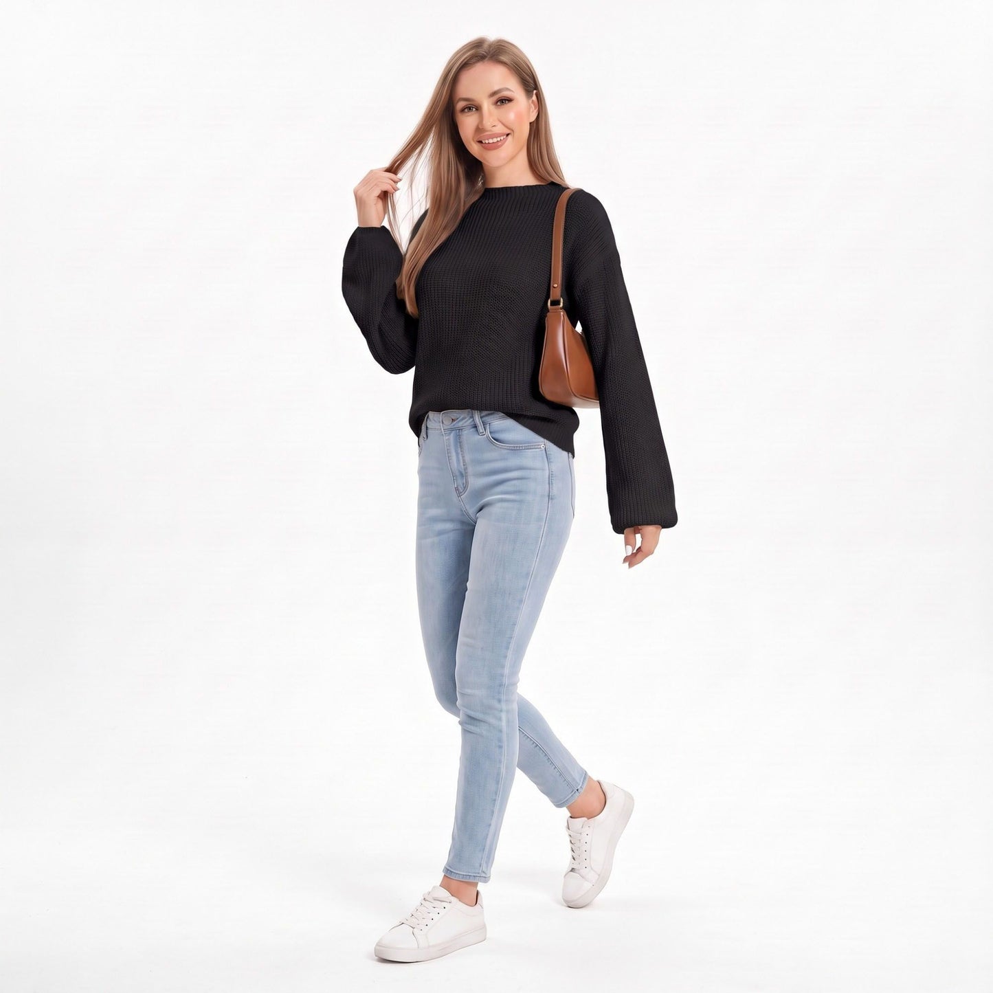 V Neck Textured Knit Pullover Sweater with Long Sleeves