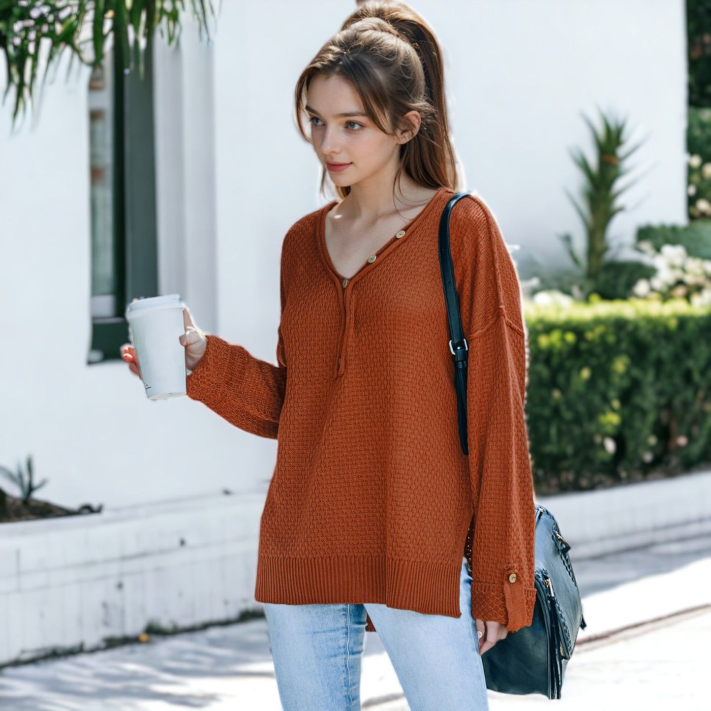 Contrast Button Detail Long Sleeve Knit Sweater