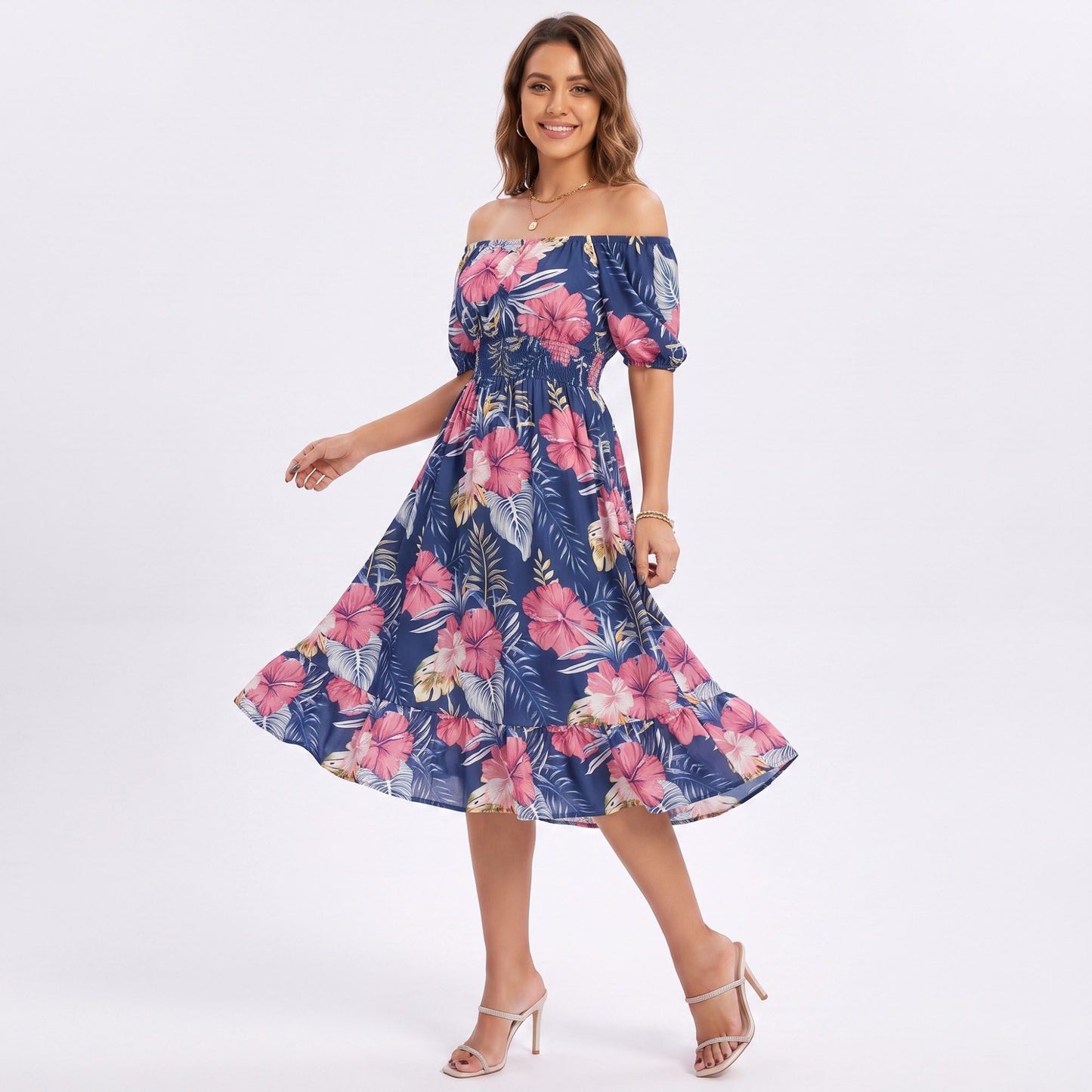Tropical Floral Square Neck Smocked Waist Midi Dress
