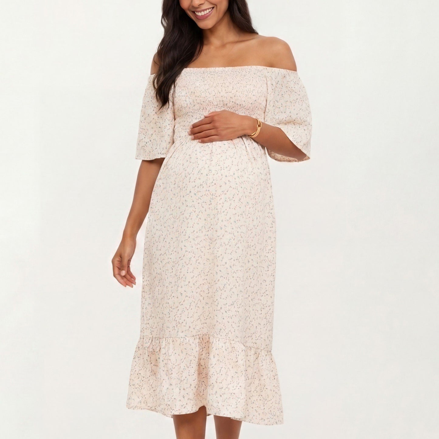 Maternity Floral Square Neck Midi Dress with Smocked Bodice and Flutter Sleeves