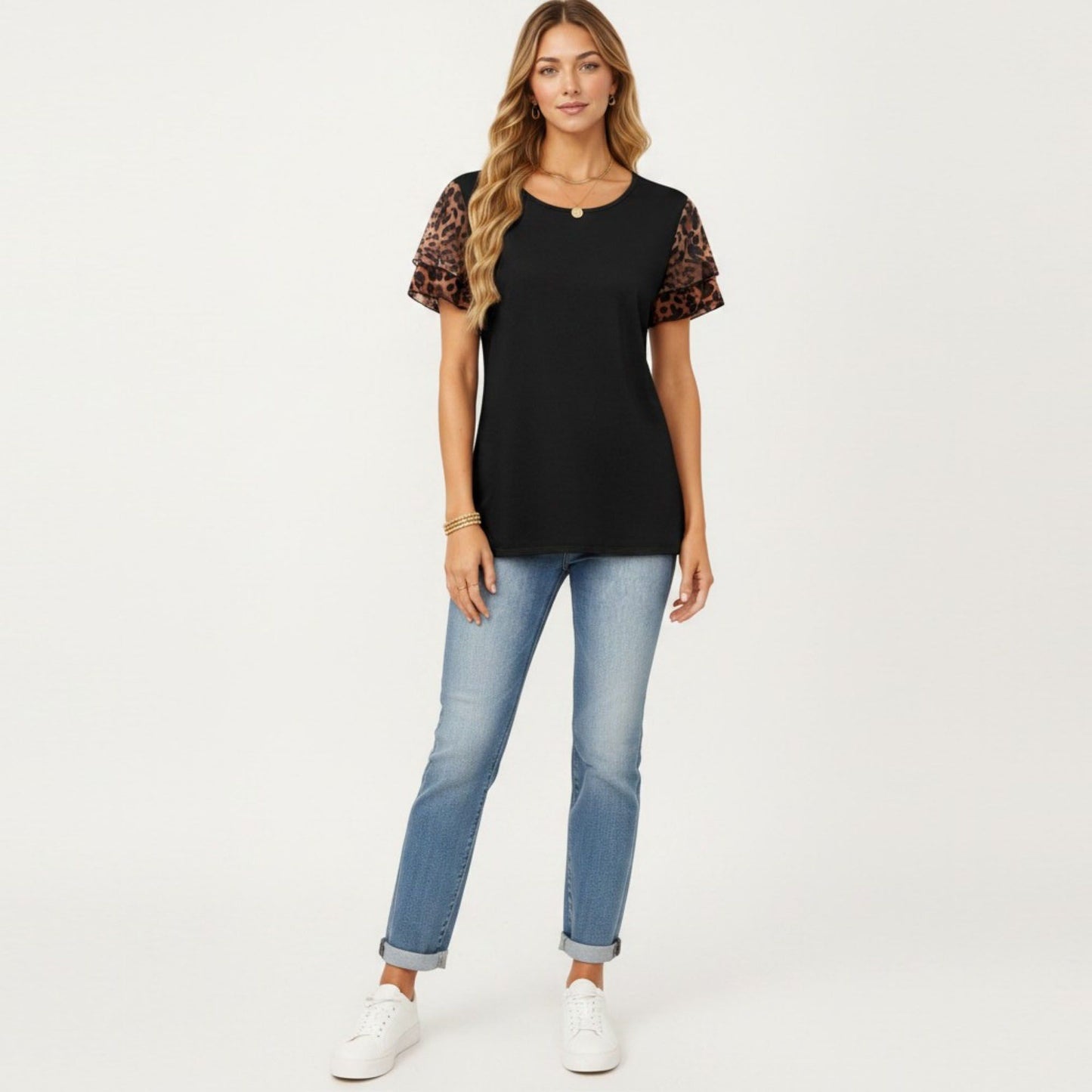 Short Sleeve Top with Leopard Print Mesh Sleeves Round Neck Relaxed Fit Casual Shirt