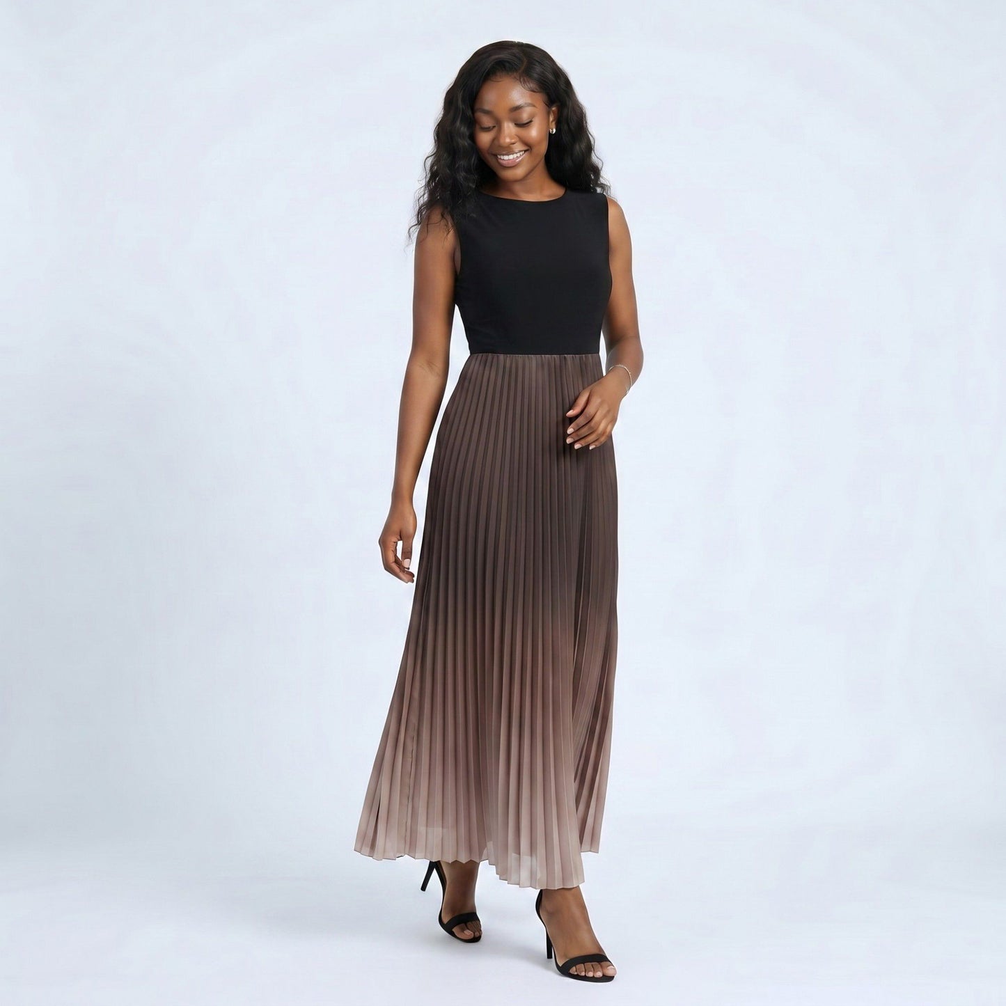 Sleeveless High Neck Pleated Ombre A-Line Maxi Dress with Flowy Skirt