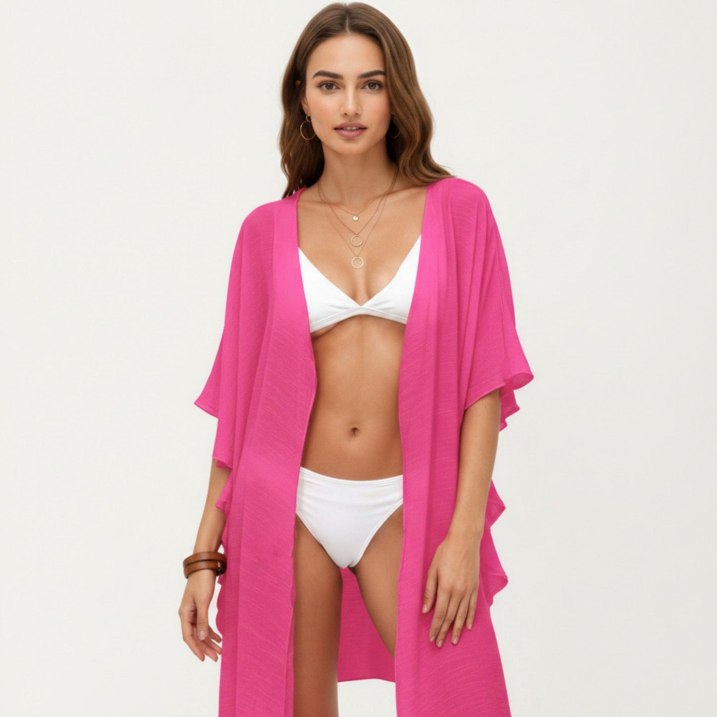 Open Front Swim Cover Up Kimono with Ruffle Sleeves Lightweight Beach Cardigan