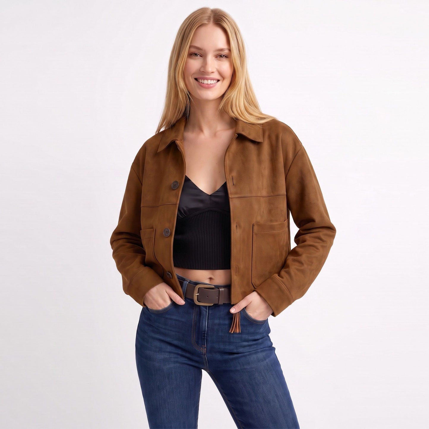 Cropped Button Front Shirt Jacket with Patch Pockets
