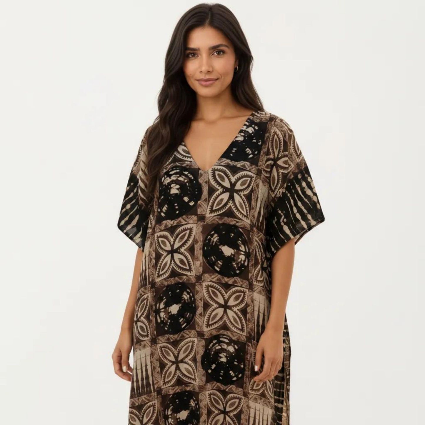 Geometric Print Maxi Caftan Dress with V-Neckline Relaxed Fit and Draped Silhouette