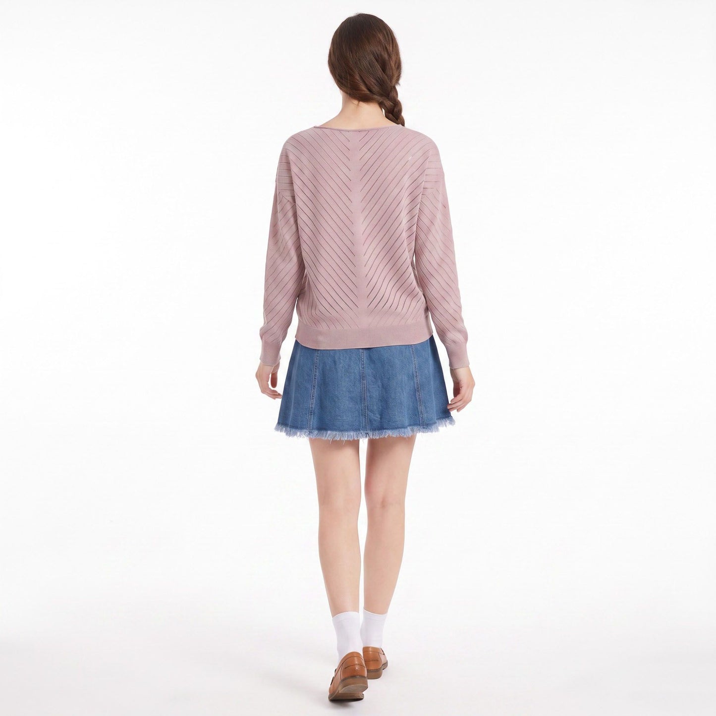 V-Neck Chevron Pointelle Knit Long Sleeve Sweater