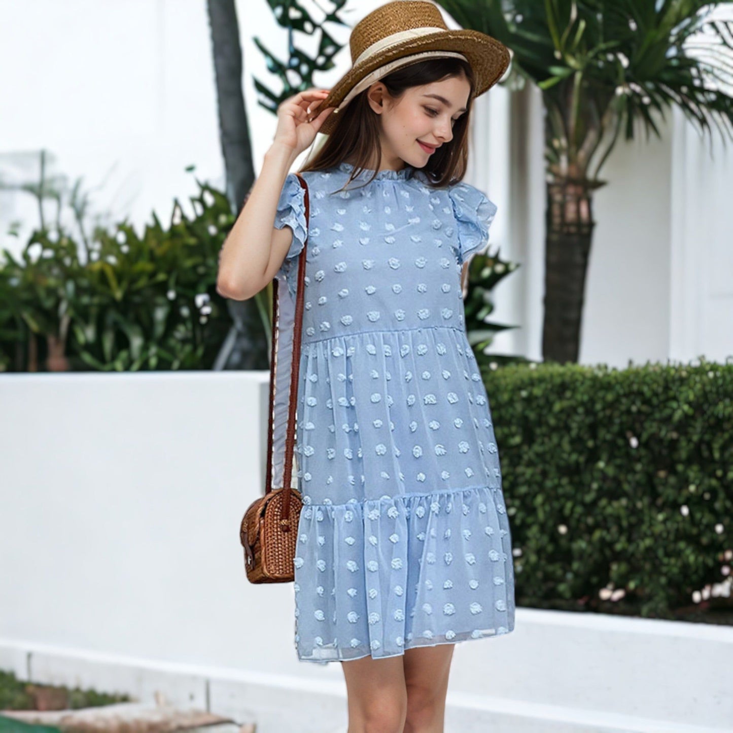 Swiss Dot High Neck Short Sleeve Dress