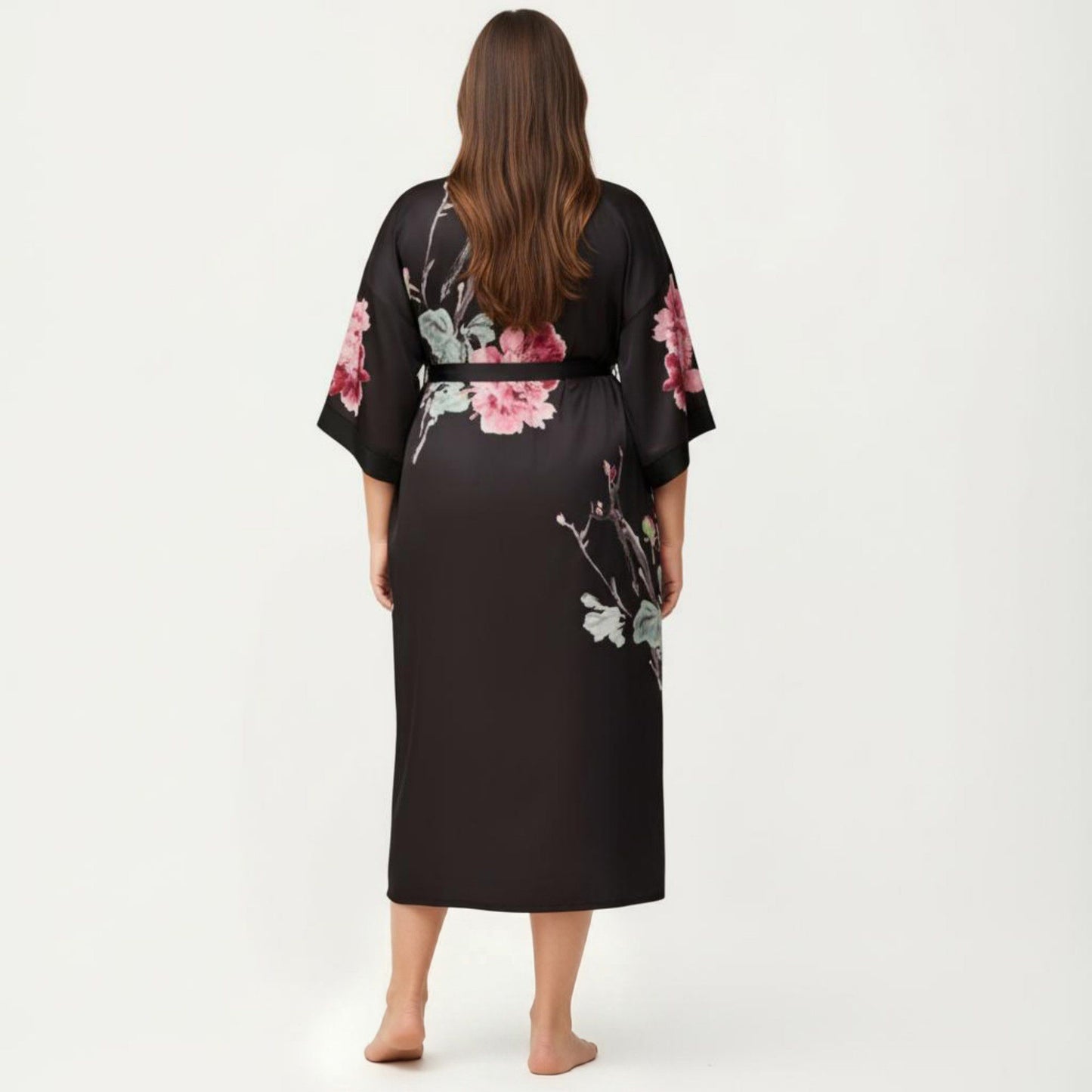 Plus Size 2-Piece Floral Kimono Robe Set with Short Sleeve Open Front Longline Cover Up and Matching Inner Dress