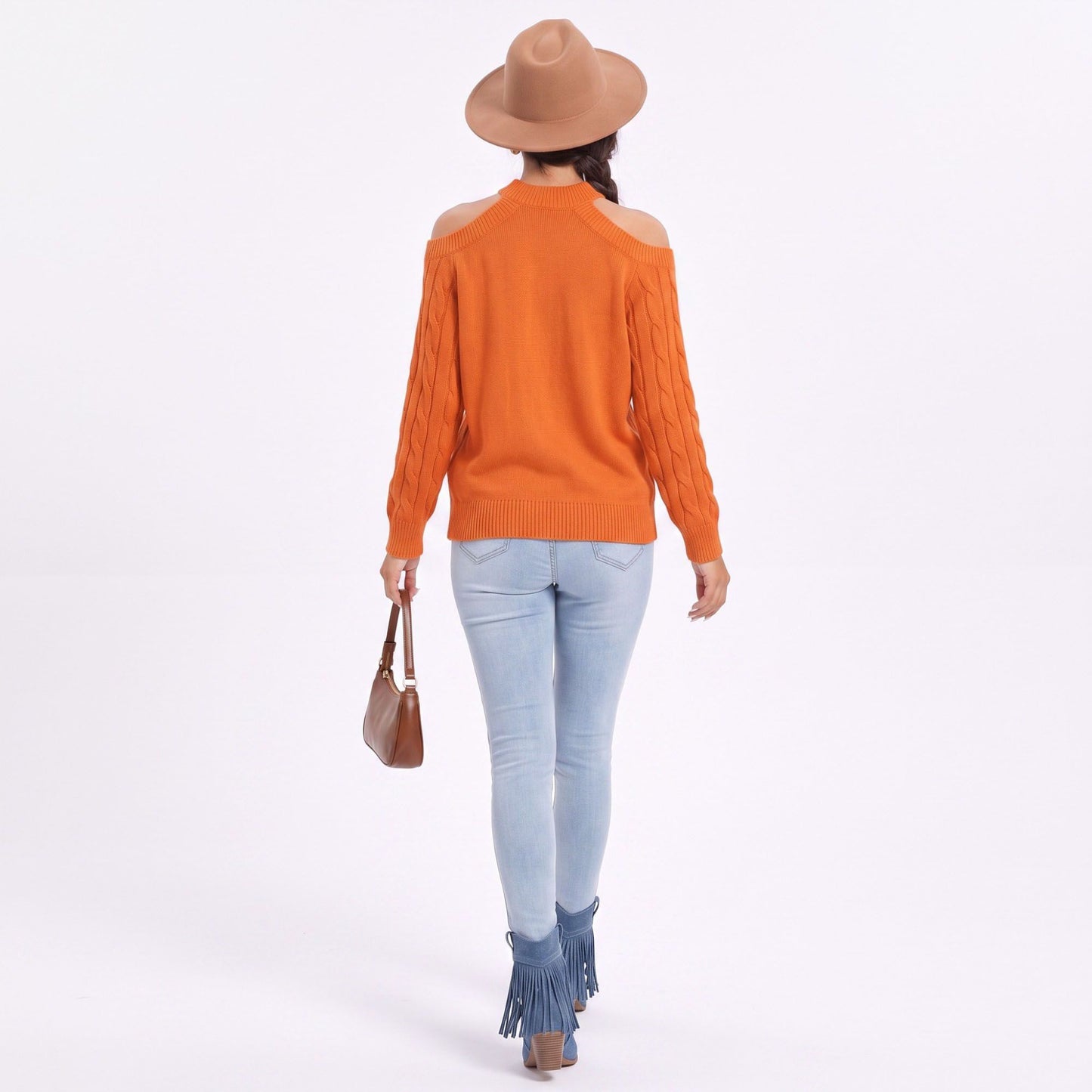 Mock Neck Cold Shoulder Cable Knit Long Sleeve Pullover Sweater