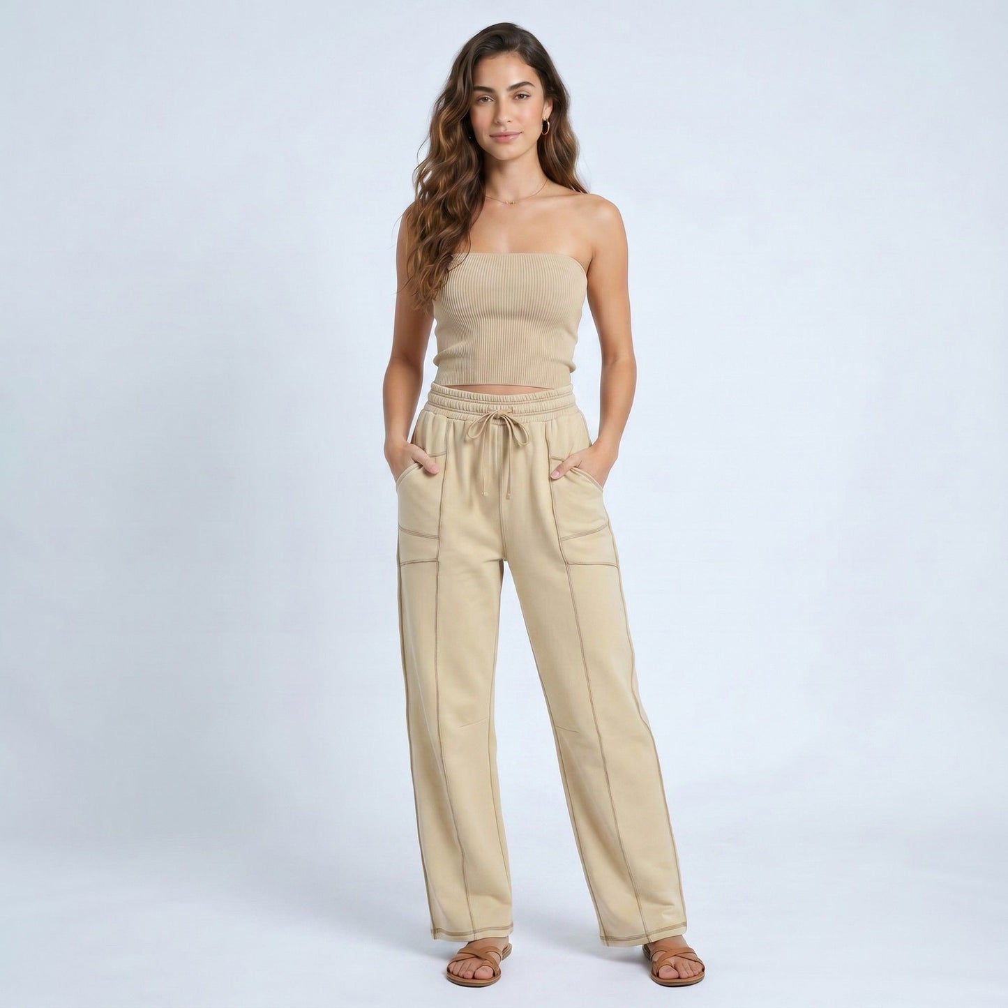 High Rise Drawstring Wide Leg Utility Pants with Patch Pockets