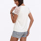 Lace Sleeve Top Split Neck Short Sleeve Relaxed Fit T-Shirt