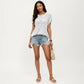 Short Sleeve Knit Top with Floral Eyelet Pattern and Ribbed Crew Neck