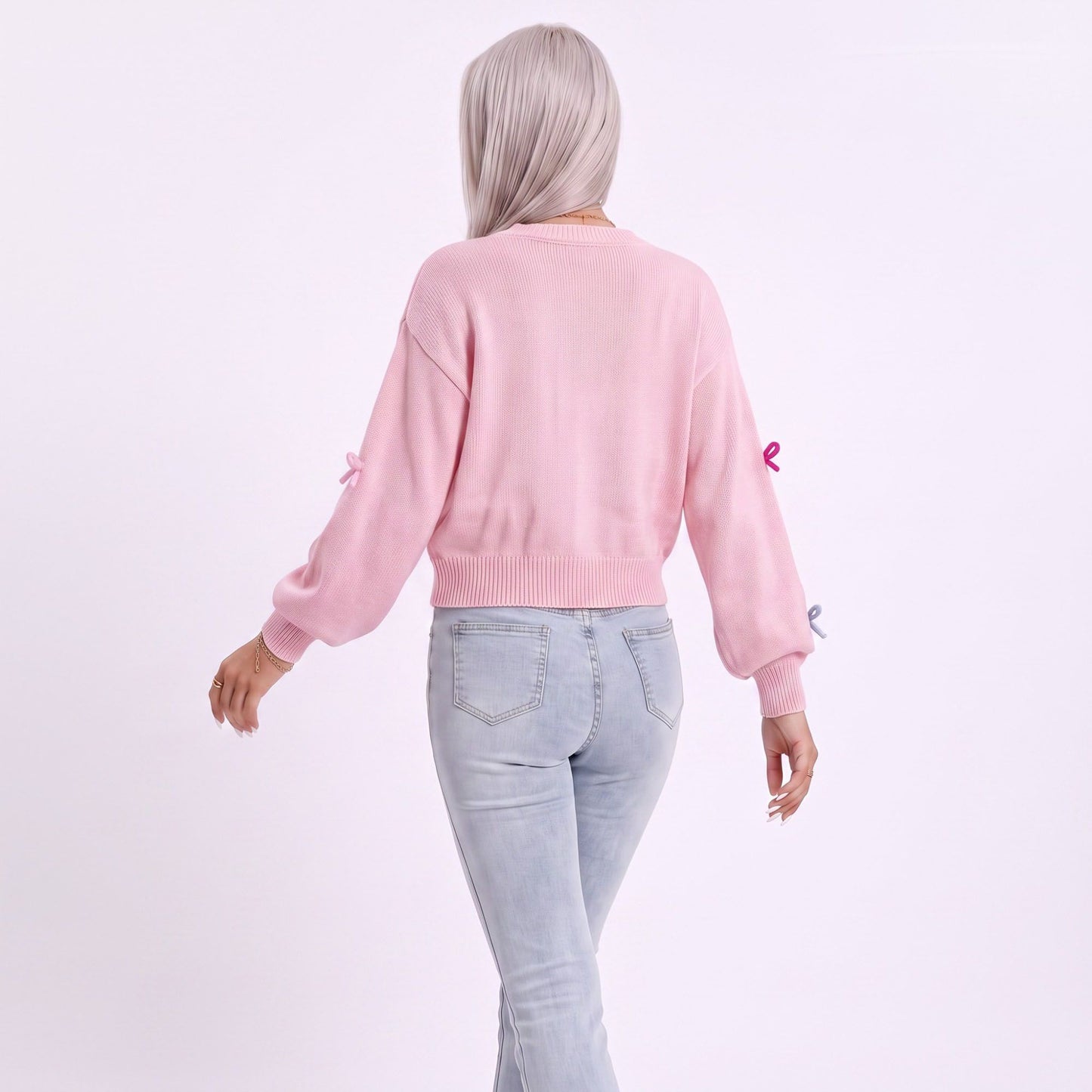 Colorful Bow Crew Neck Long Sleeve Knit Sweater