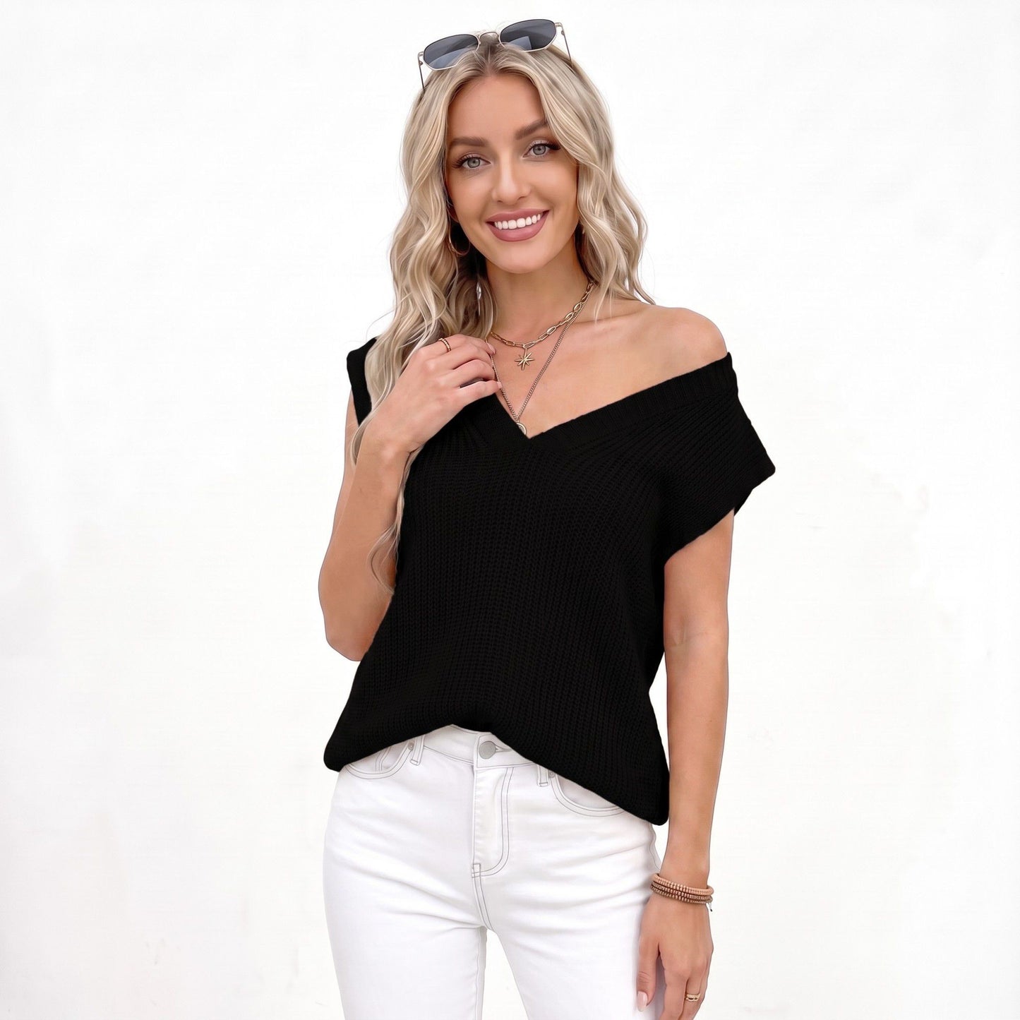 V Neck Sweater Vest Sleeveless Textured Knit Pullover Top