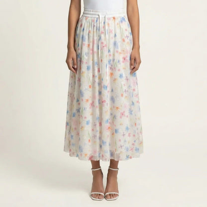 Floral Midi Skirt Elastic Waist Flowy Lightweight Chiffon A Line Casual Skirt