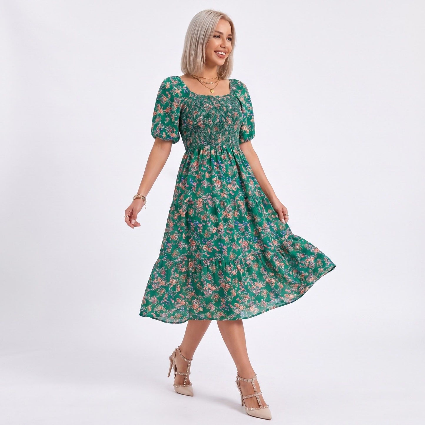 Floral Square Neck Smocked Bodice Tiered Midi Dress