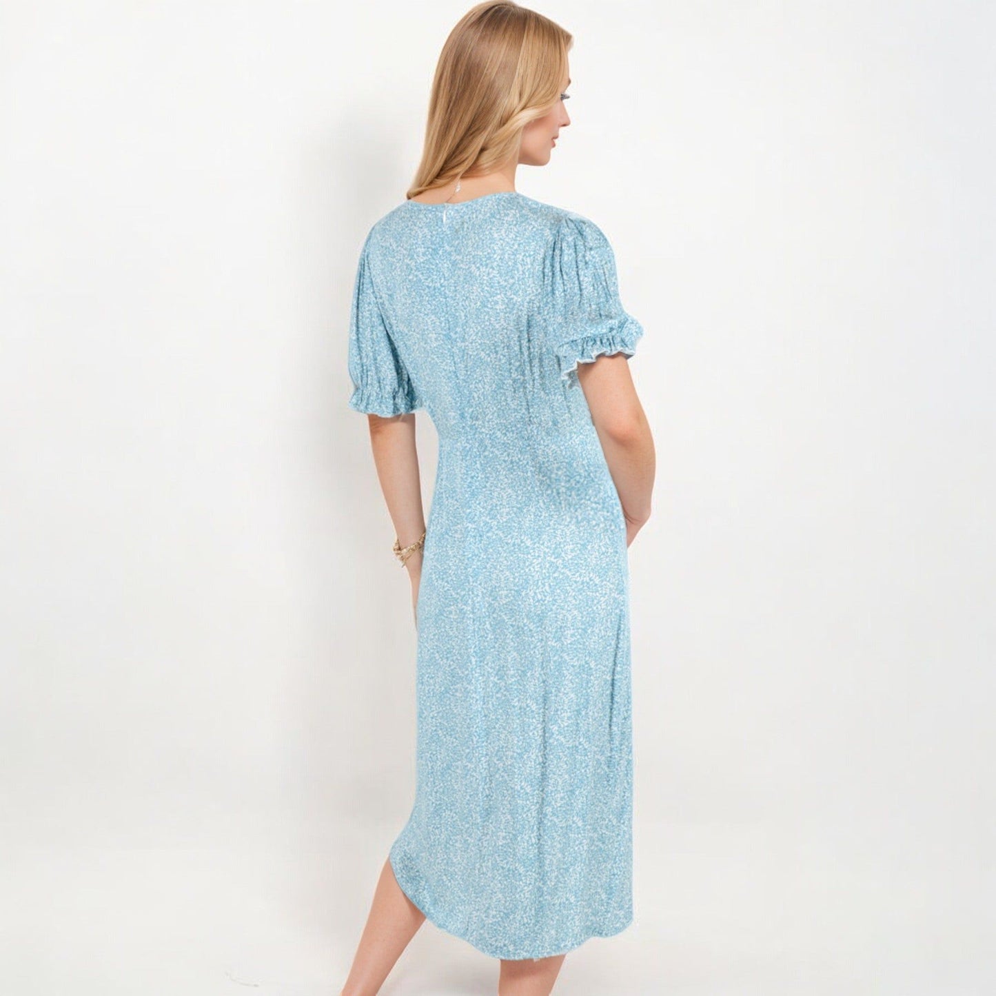 Short Sleeve Wrap Dress With Button Detail And V-Neckline