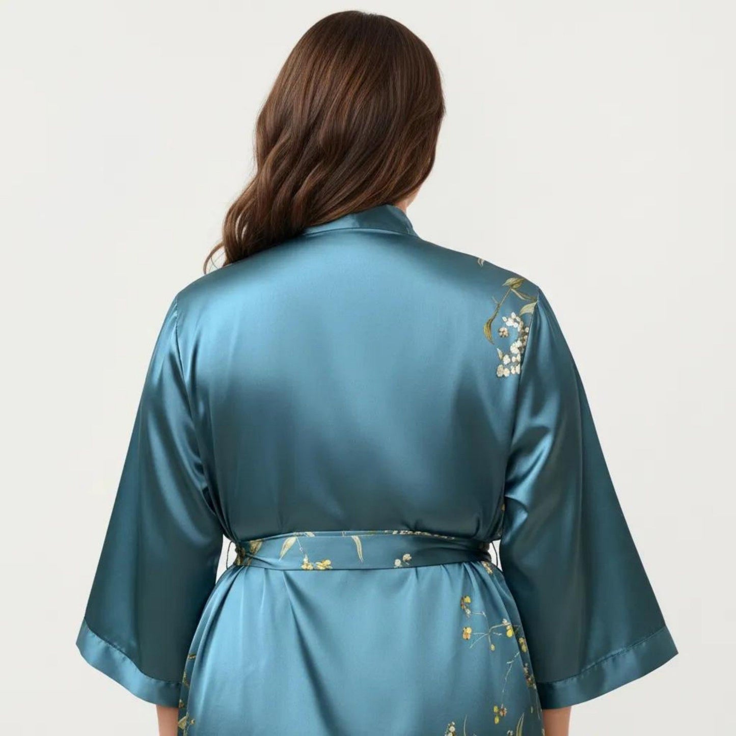 Plus Size Satin Floral Kimono Robe with Self Tie Belt Longline Open Front Lightweight Sleepwear