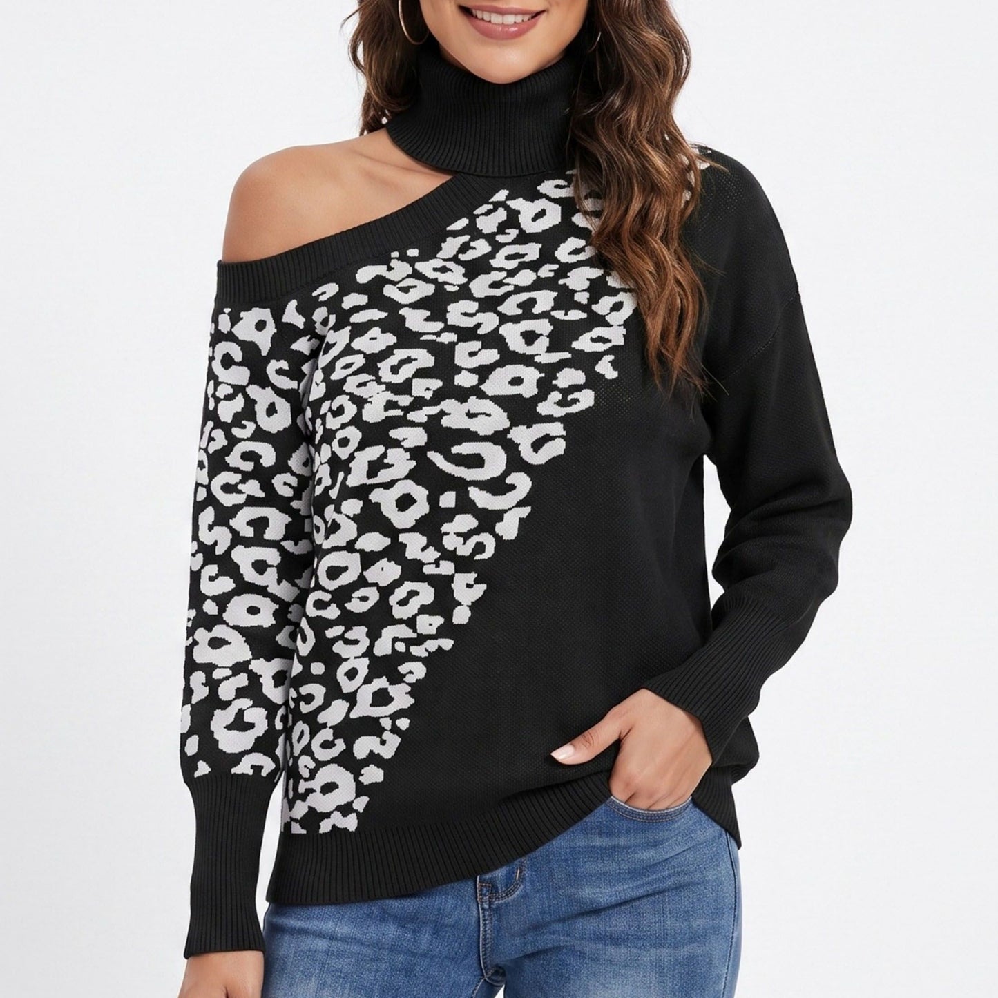 Leopard Print Cold Shoulder Turtleneck Sweater
