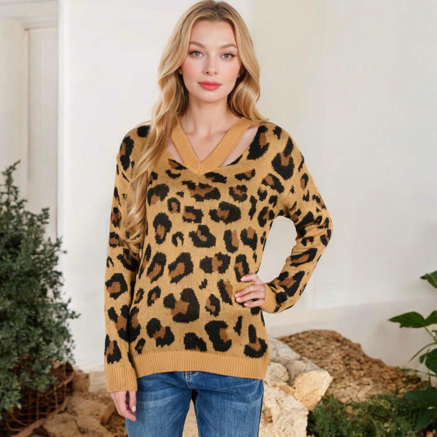 V-Neck Leopard Print Sweater with Cutout Detail Long Sleeves