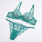 2 Piece Leaf Embroidered Mesh Underwire Bra and Thong Lingerie Set