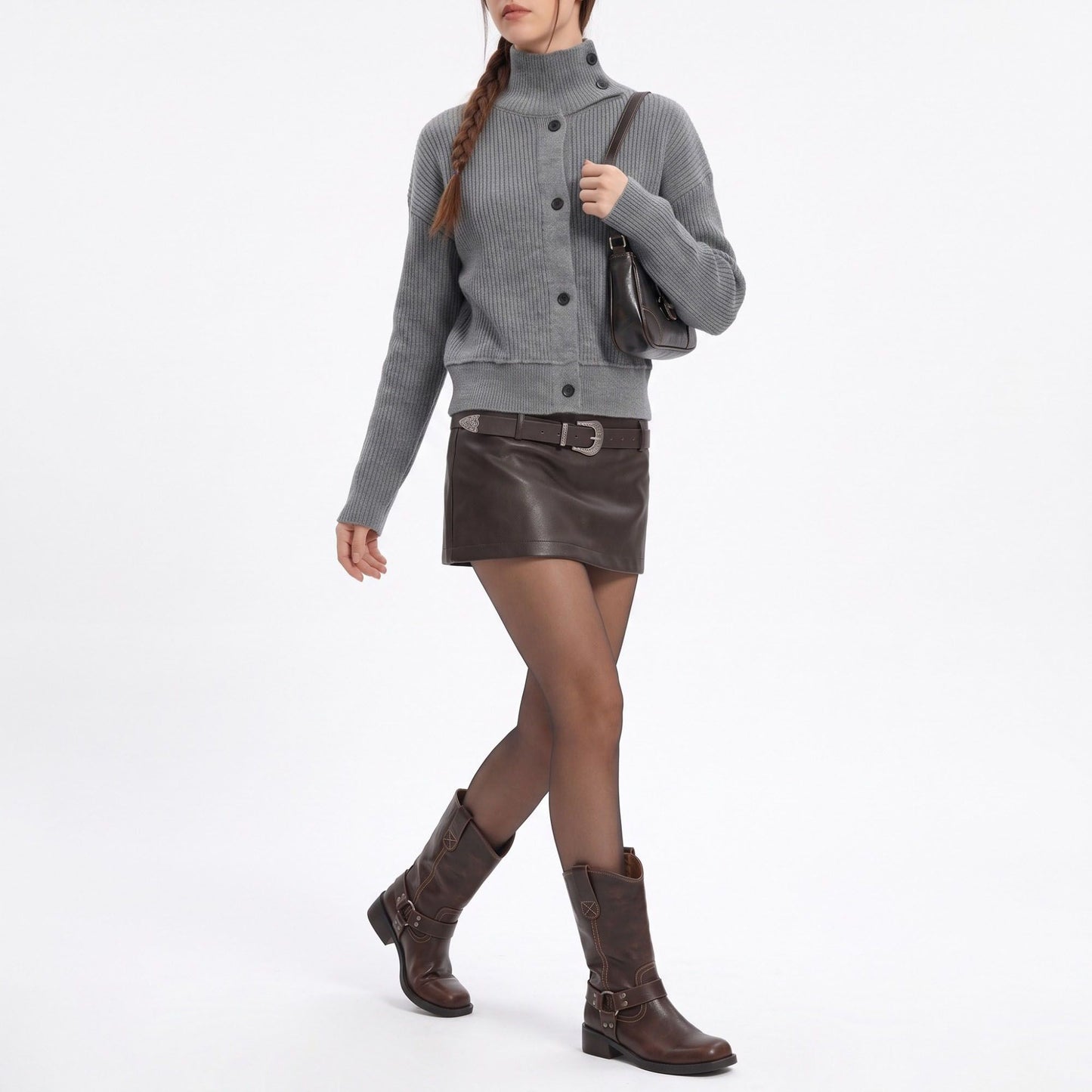 High-Neck Ribbed Button-Down Knit Cardigan Sweater