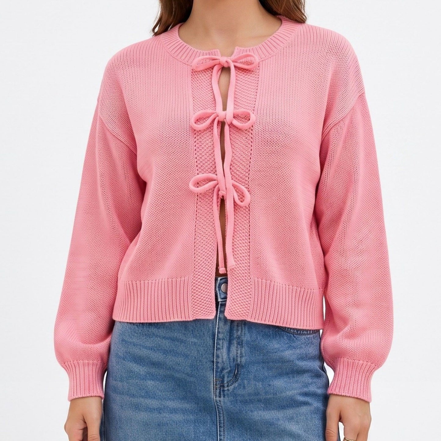 Tie Front Knit Cardigan Sweater with Long Sleeves