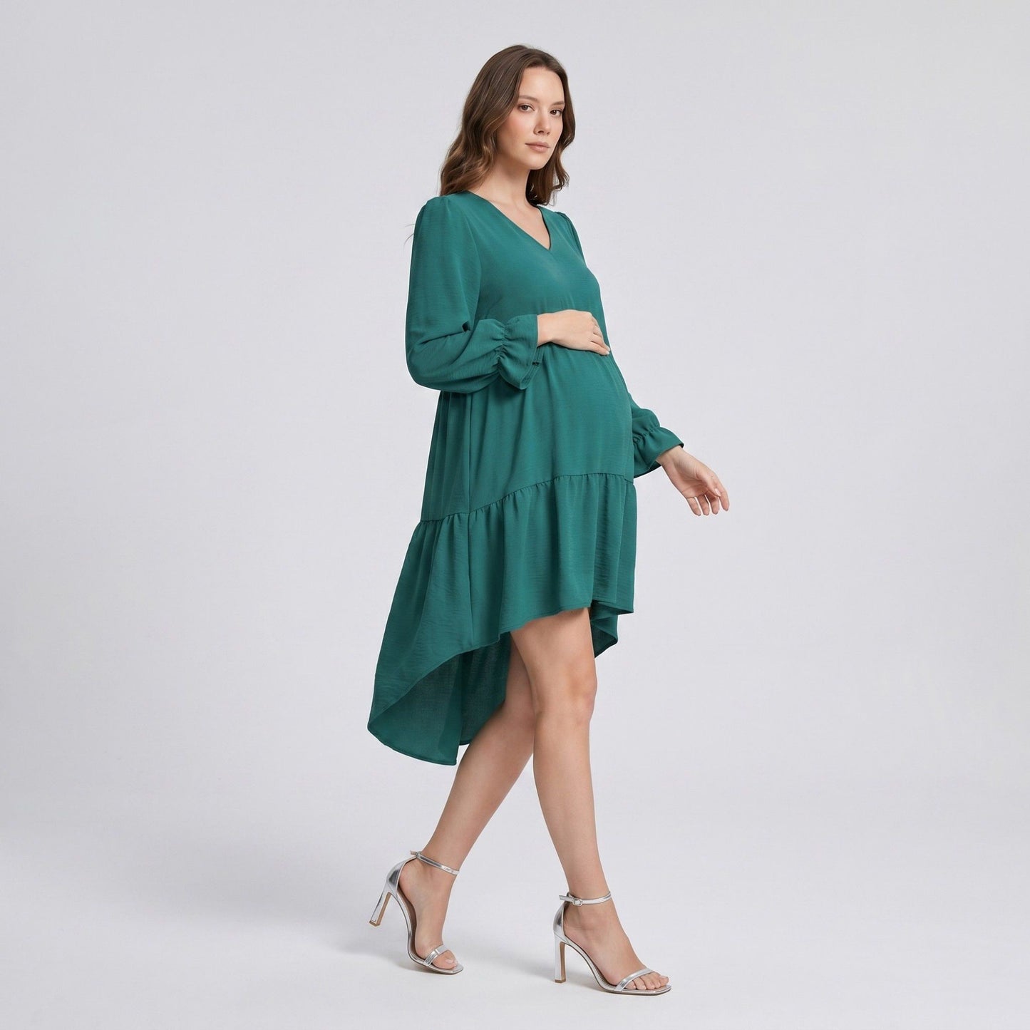 Maternity V Neck High Low Mini Dress with Long Sleeves and Tiered Hem